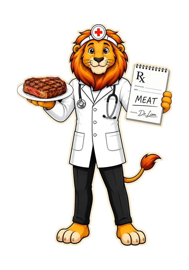 Dr. Lion in a doctor's coat prescribing meat — holding a steak on a plate and a prescription pad reading MEAT