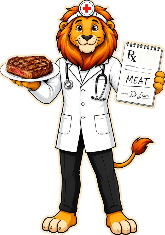 Dr. Lion in a doctor's coat prescribing meat — holding a steak on a plate and a prescription pad reading MEAT