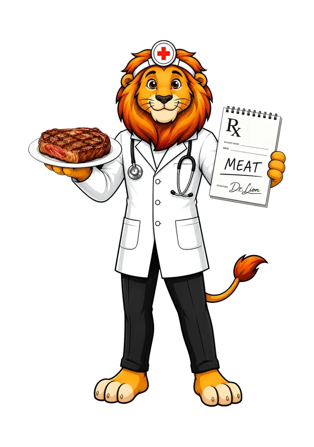 Dr. Lion in a doctor's coat prescribing meat — holding a steak on a plate and a prescription pad reading MEAT